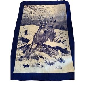 Vintage San Marcos Blanket Blue Deer Buck Winter Scene 88x64 HAS TAG